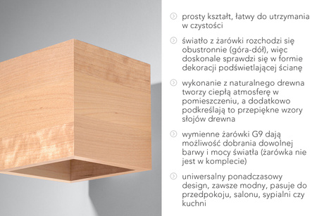 Lampă de perete QUAD lemn natural + 1x bec LED G9 4000K rece 4,5W 530lm