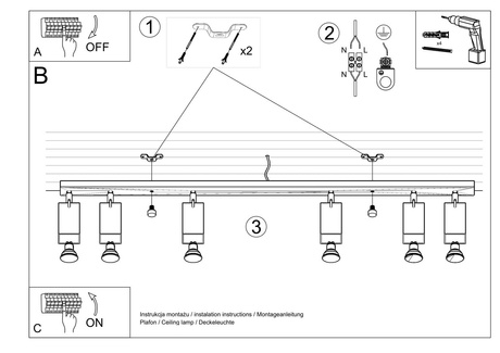 MERIDA 6L gri plafon lampă + 6x GU-10 3000K cald 7W 620lm bec LED