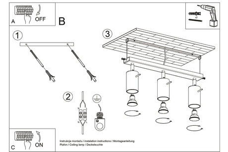 Plafonieră BERG 3 lemn natural + 3x bec LED GU-10 4000K rece 7W 630lm