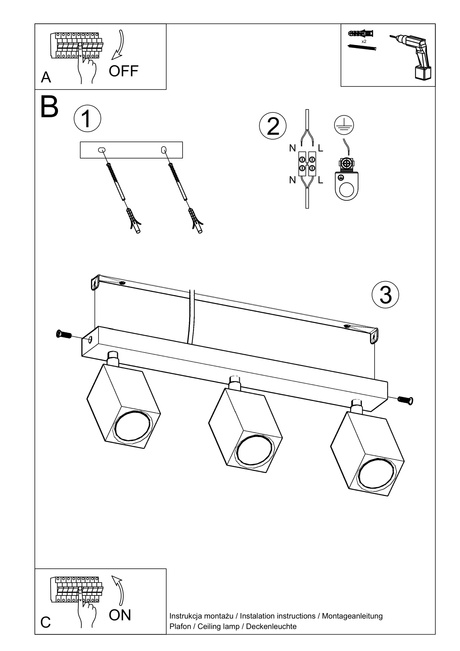 Plafonieră KEKE 3 stejar + 3x bec LED GU-10 3000K Warm 7W 620lm