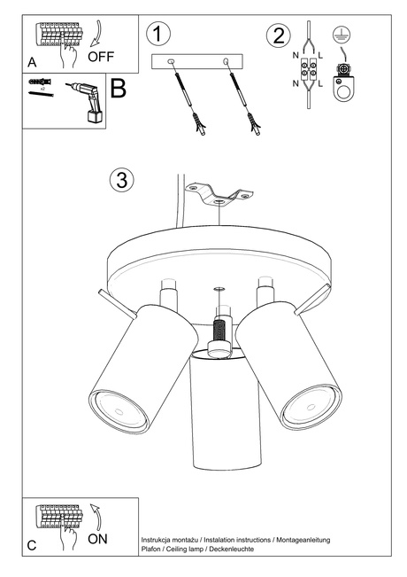 Plafonieră RING 3P negru + 3x bec LED GU-10 4000K rece 7W 630lm