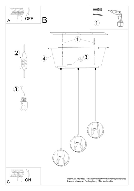 Lampă suspendată TULOS 3L negru + 3x bec LED E27 4000K rece 7,5W 650lm