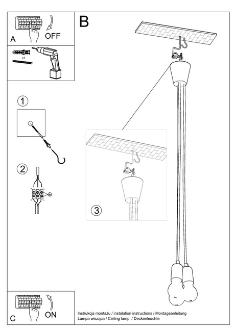 DIEGO 3 lampă suspendată alb + 3x bec LED E27 4000K rece 7,5W 650lm