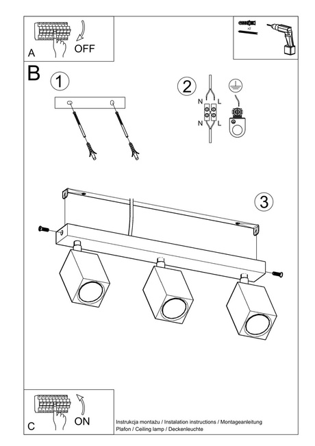 Plafonieră KEKE 3 stejar + 3x bec LED GU-10 4000K Rece 7W 630lm