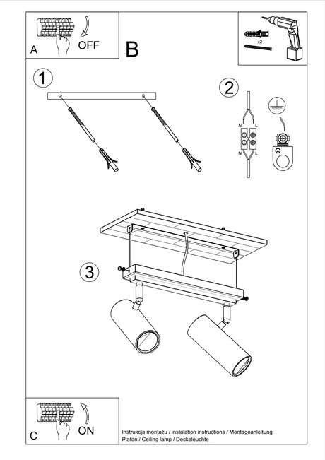 Plafonieră DIREZIONE 2 negru + 2x bec LED GU-10 4000K Cold 7W 630lm