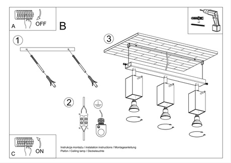 Plafonieră MERIDA 3 gri + 3x bec LED GU-10 4000K Rece 7W 630lm
