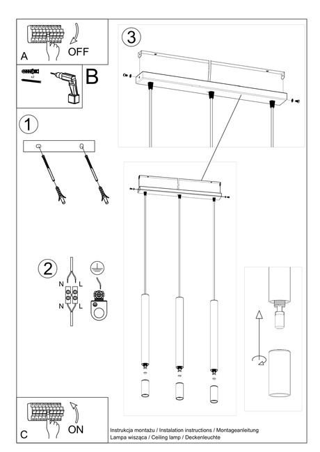 WEZYR 3 lampă suspendată negru + 3x bec LED G9 4000K rece 4,5W 530lm