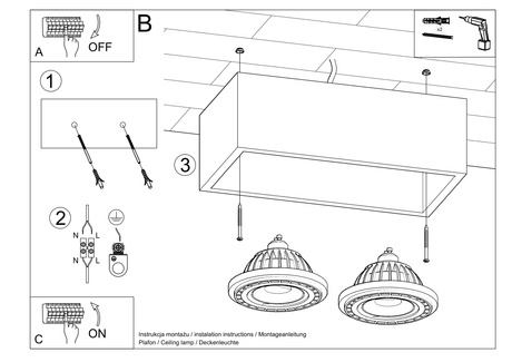 Plafonieră QUATRO 2 lemn natural + 2x bec LED GU10 AR111 4000K COLD 12W 850lm