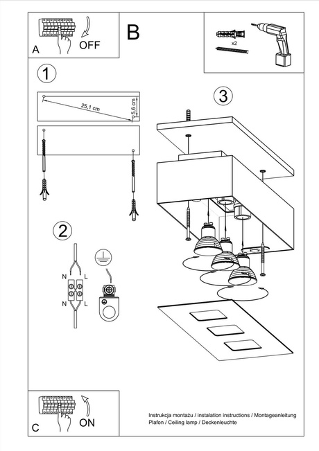 Plafonieră MONO 3 negru + 3x bec LED GU-10 3000K cald 7W 620lm