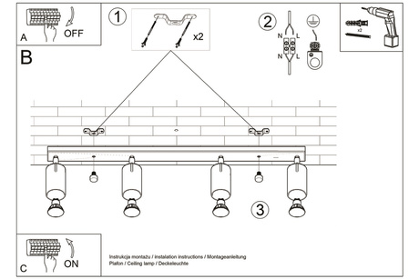 Plafonieră NERO 4 negru / auriu + 4x bec LED GU-10 4000K rece 7W 630lm