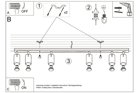 Plafonieră NERO 6 negru/cromo + 6x bec LED GU-10 3000K Warm 7W 620lm